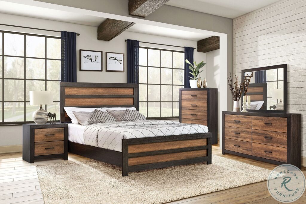 Black brown double bed with furniture