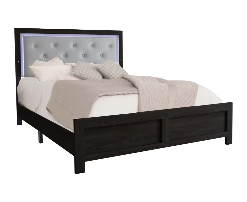 black coloured queen sized bed with sheets