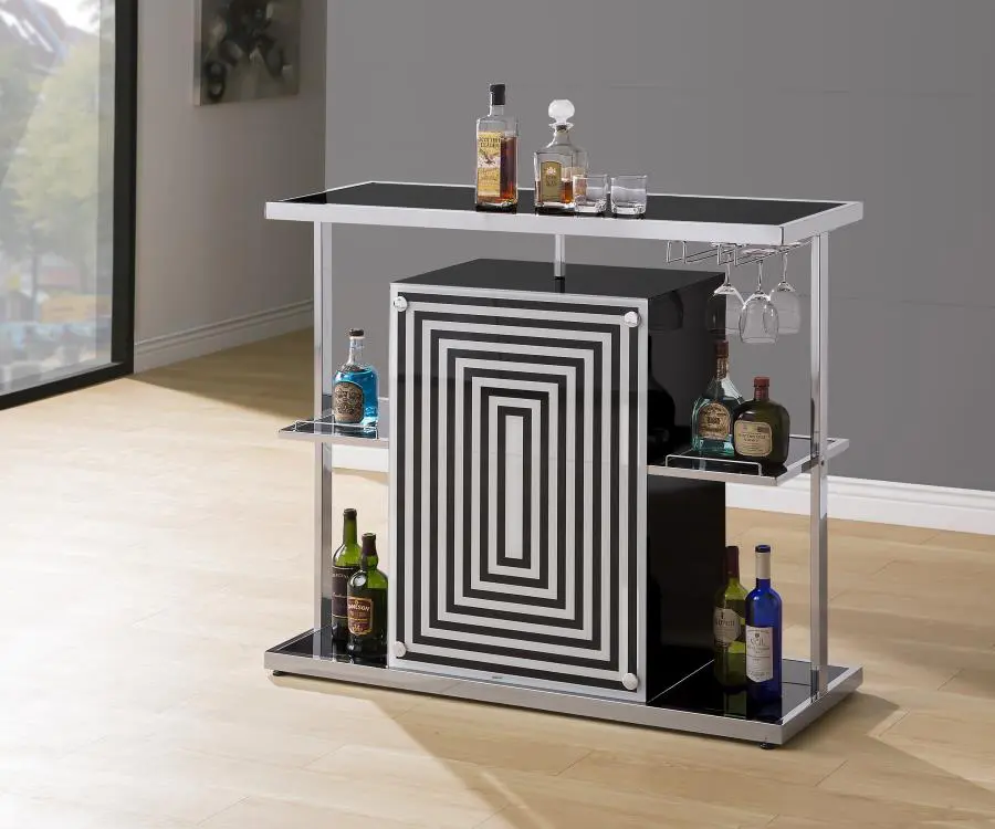 black glossy bar with drink bottles on it