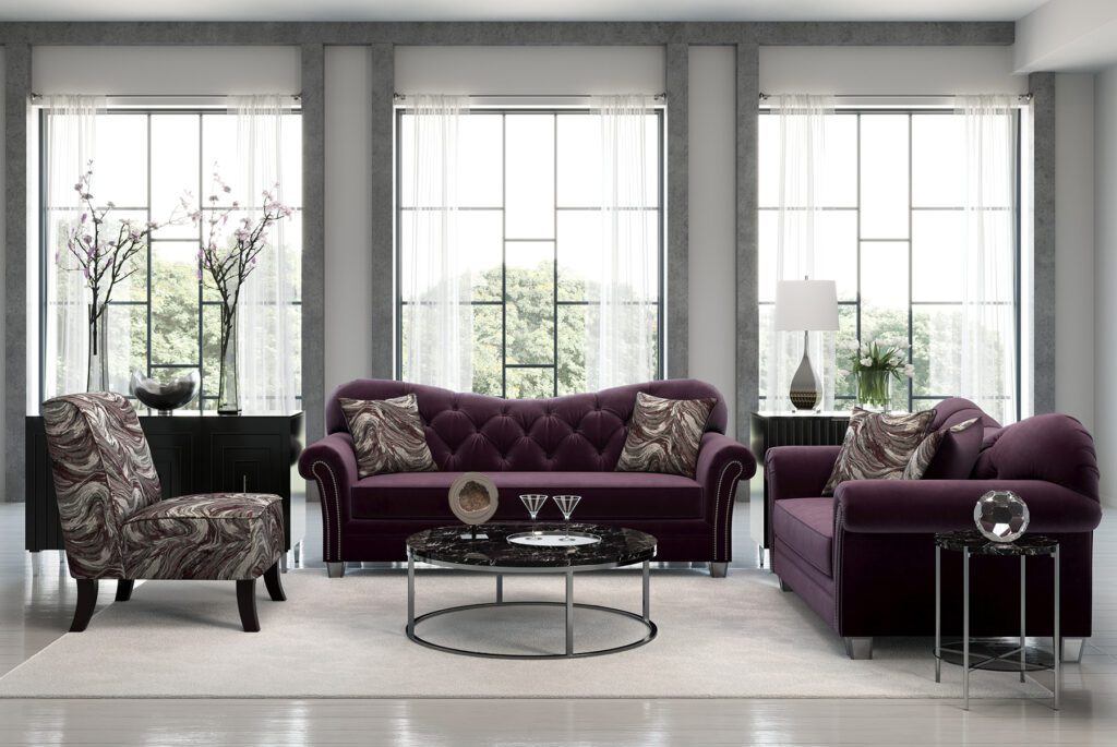 purple sofa set with center table in a room