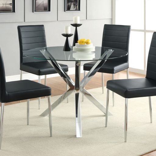 glass round table with four black chairs