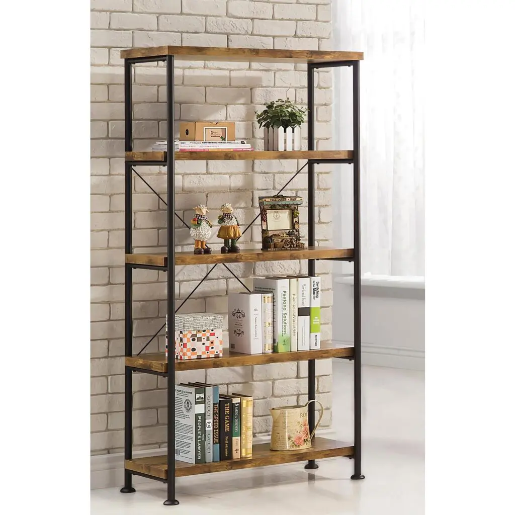 a four shelf book shelf with items on it