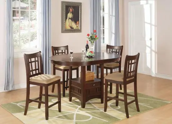 a round dining table with four chairs