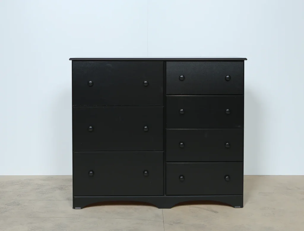 front view of the black side table with 7 drawers