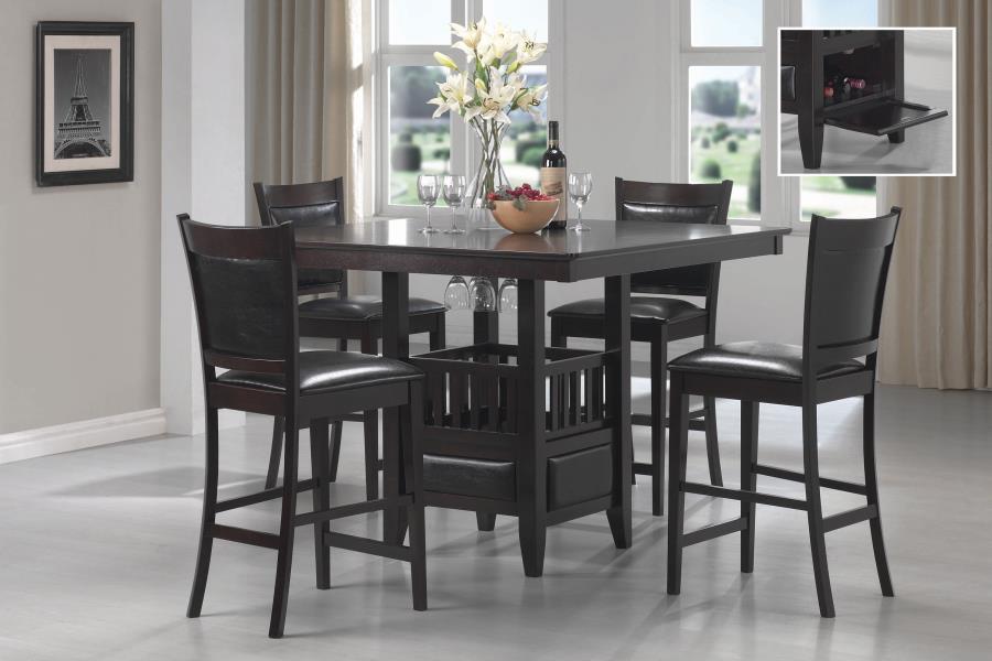 square table with storage and four chairs